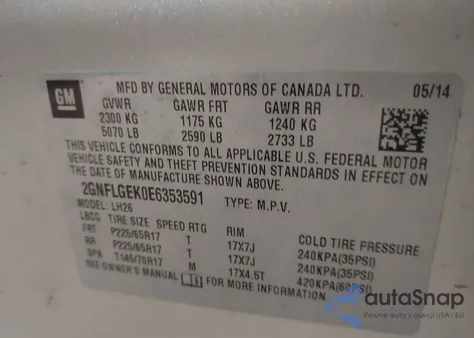 2014 Chevrolet Equinox 2Lt z USA, uszkodzony, nr VIN 2GNFLGEK0E6353591